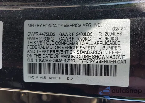 2021 Honda Accord Sport 2.0T from USA, damaged, VIN 1HGCV2F36MA012103